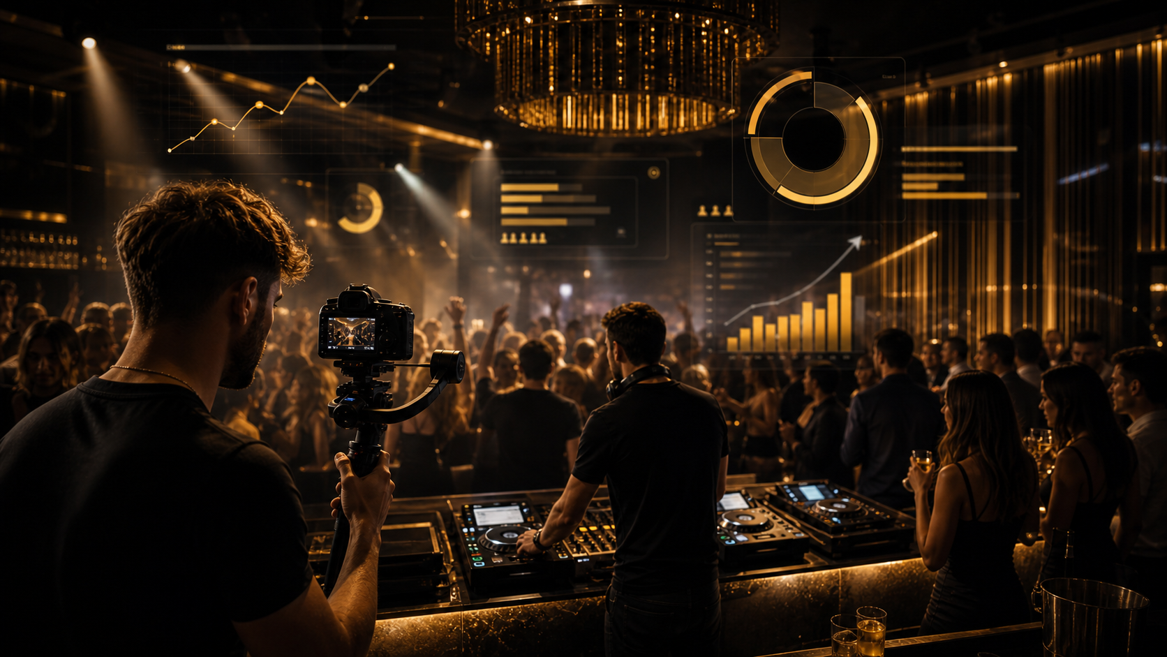 Nachtleben Videoproduktion mit DJ, Crowd, Gimbal und Social-Media-Analyse
